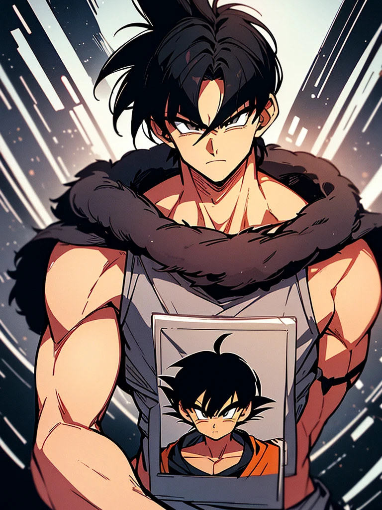An adult boy, black hair, black eyes, designed in the style of Dragon Ball Z, holding a black photo in a space environment. 