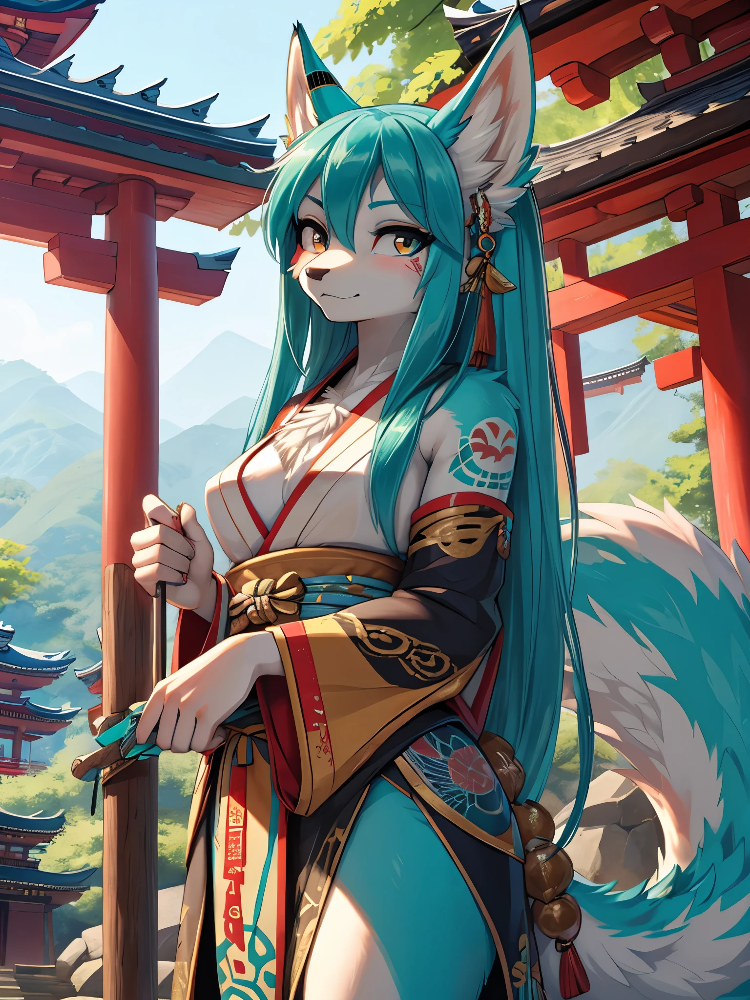 Miku Hatsune, high definition add_detail:1, blue fur,kitsune ears, tribal tattoo add_detail:1, pretty girl add_detail:1, feudal priestess clothing add_detail:1, japanese shrine landscape add_detail:1, japanese shrine costume add_detail:1, bare left leg add_detail:1