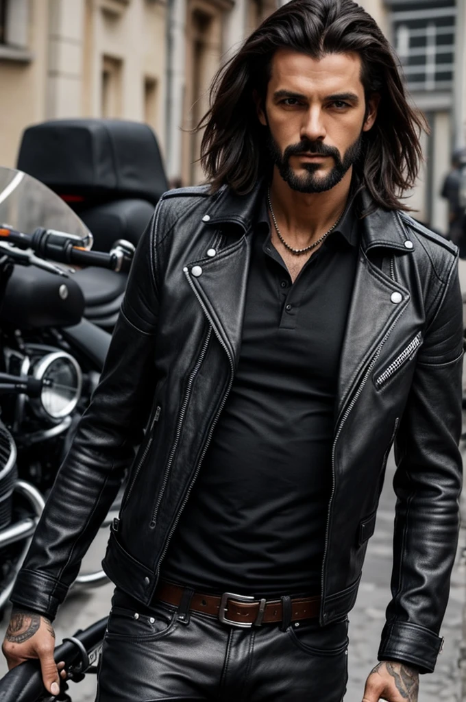 Une femme aux cheveux noirs long jusqu'au fesses, elle à les yeux gris clair et porte un gilet en cuir de biker, elle est enceinte. Un homme se tient à ses côtés il a les cheveux et les yeux noir il a vingt quatre ans, il a une légère barbe bien taillée, il porte une veste en cuir de biker ou est écrit '' HELL'S SNAKES MC ''