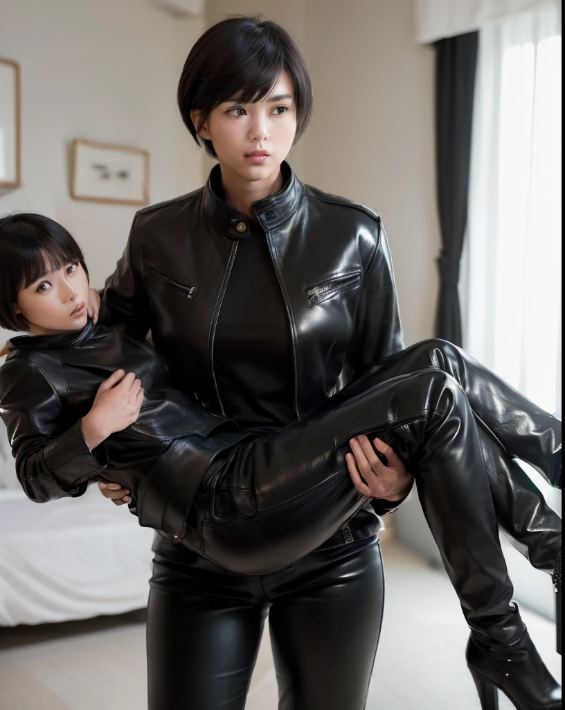 (princess carry:1.5), (masterpiece), (cowboy shot), A realistic photograph of (2 women), she has very short bowl cut hair, she is wearing  (luxury black horsehide pants) and (luxury black horsehide jacket), (the woman is satisfied), dark theme,  (looking at viewer), in a dark bedroom at night,  