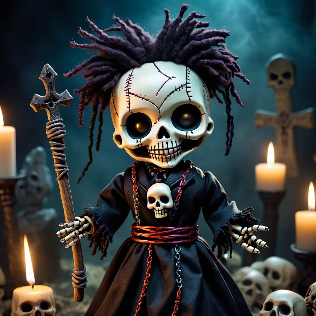 (knitted toy voodoo doll:1.7), (Voodoo Forgotten Necromancer:1.8), (Clothing: tattered necromantic robes with bone motifs:1.0), (Accessories: skull staff, ghostly chains, spectral essence:1.2), (Background: haunted graveyard with swirling mists and restless spirits:1.2), (full body:1.0), best quality, masterpiece, detailed soft oil painting, detailed background, dramatic cinematic lighting, soft edge lighting, professional, dramatic lighting, hard edge lighting, ultra quality, 4k, masterpiece, best quality, 8k, ultra high definition, high resolution, extremely detailed