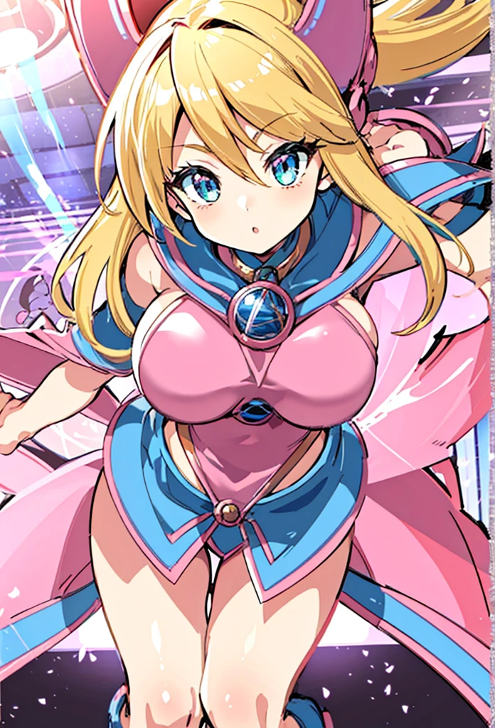 thick outlines, comics, photorealistic, perfect hands, masterpiece:1.2, dungeon, arena, Cards, 1girl, solo, dynamic pose, magic, circle of invocation, dark magician girl, long skirt, blonde hair, medium breast, detailed background, detailed face, detailed eyes, 