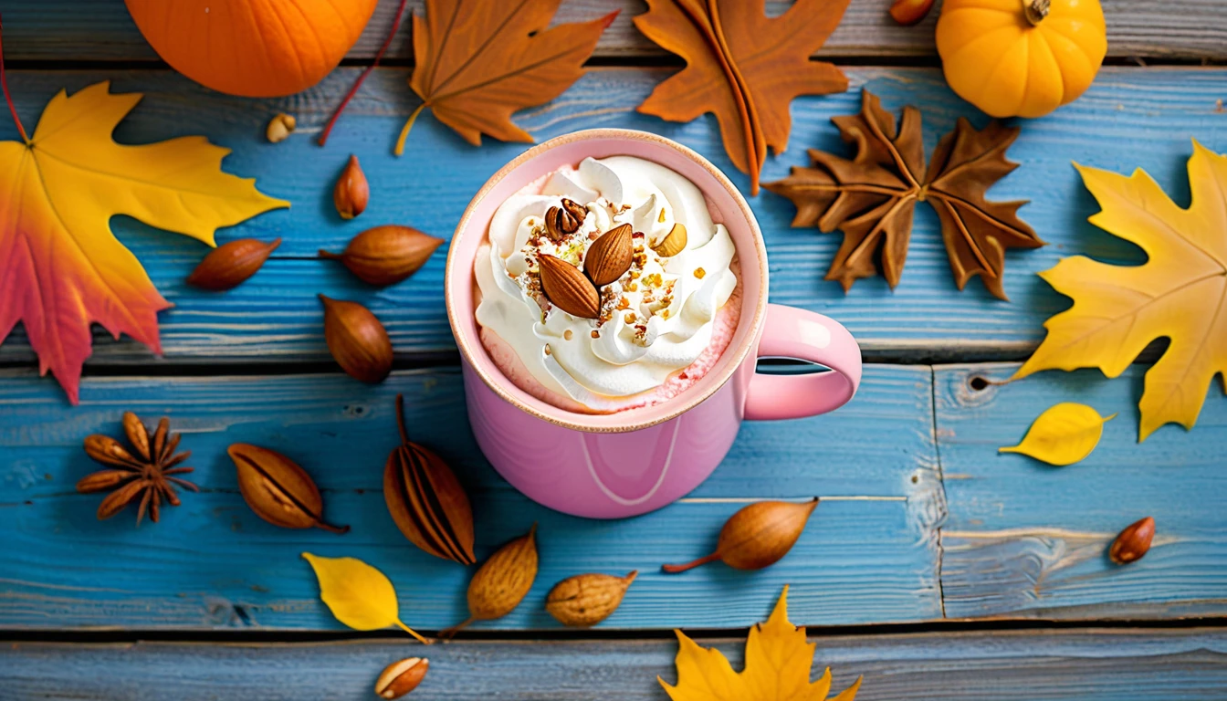 Create an image of a cozy autumn setting featuring a pink textured mug filled with a creamy beverage, topped with whipped cream and a sprinkle of cinnamon. The mug is surrounded by an array of autumn leaves in various shades of orange, yellow, and brown, as well as nuts like walnuts and almonds scattered on a rustic blue wooden surface. The warm tones and the inviting composition evoke the essence of fall.