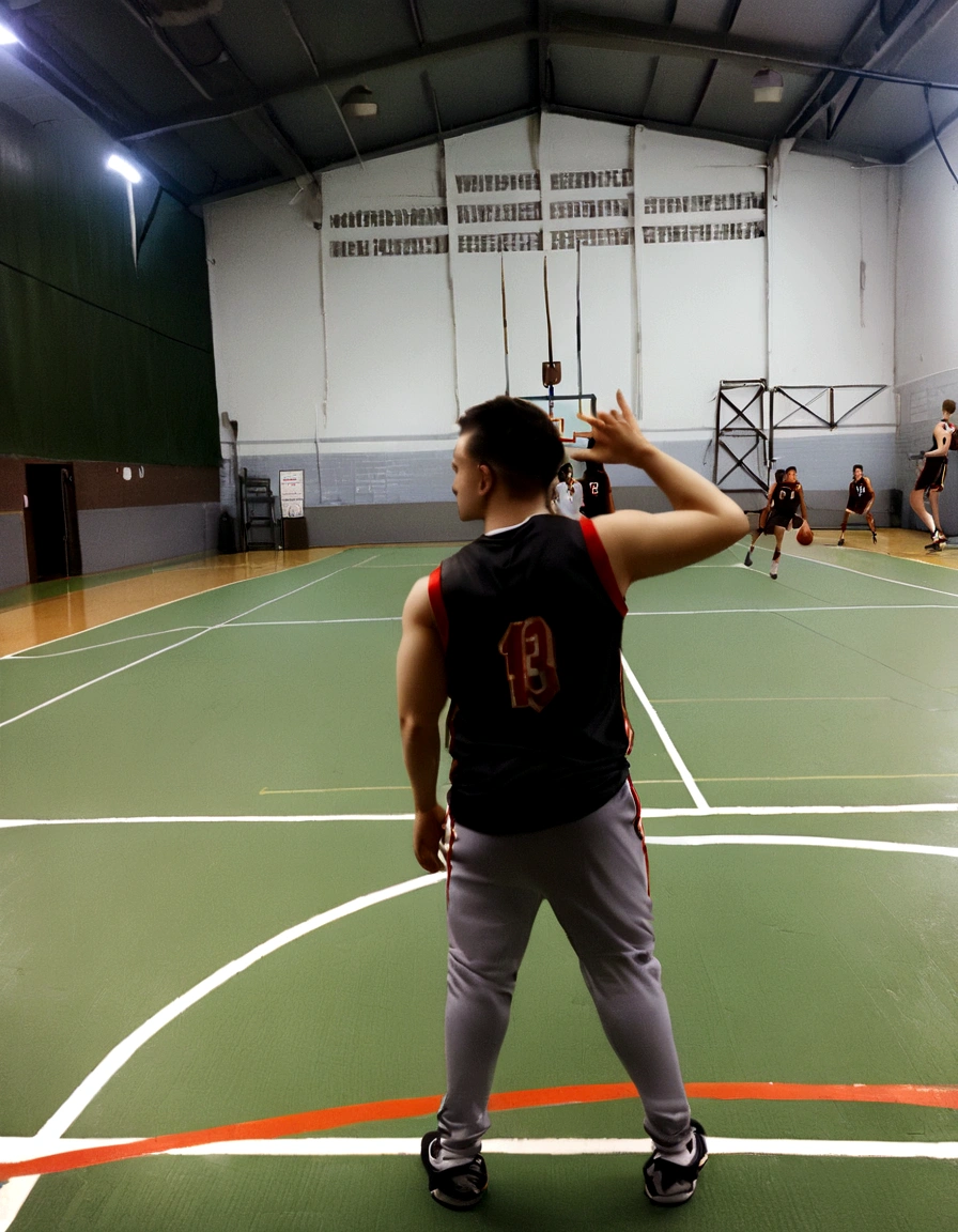 there is a man standing on a basketball court holding a bat, wearing basketball jersey, indoor shot, playing basketball, wearing a volleyball jersey, backshot, shot from the back, long shot from back, wearing nba jersey, action shot, long shot from the back, shooting pose, in the high school gym, low quality photo, medium shot taken from behind, basketball