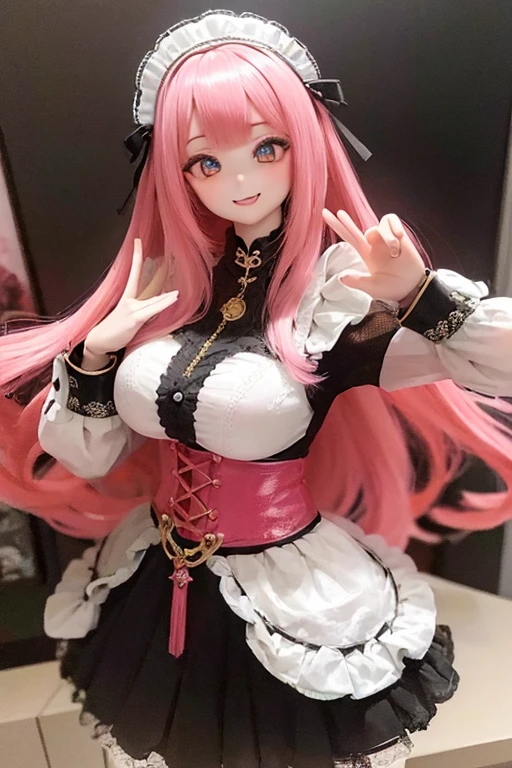 ((highest quality)), ((masterpiece)), (extremely detailed), kukolnydom, doll, mature woman, solo, cowboy shot, dynamic pose, seductive smile, pink hair, long hair, blunt bangs, sidelocks, museum, 8k