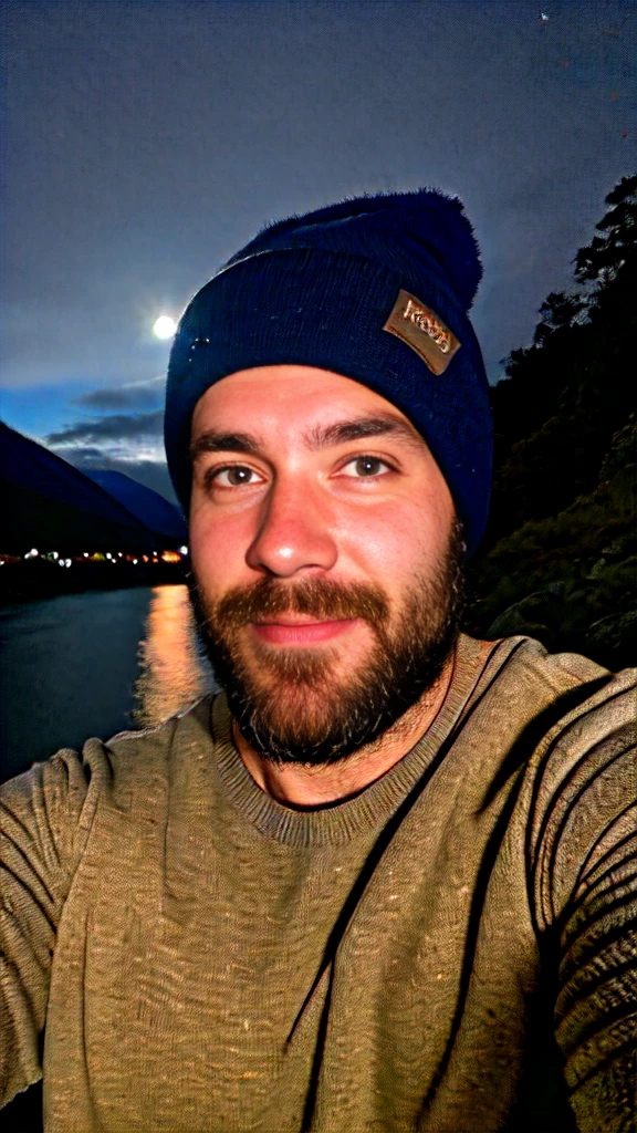 Real photograph, photo of attractive 30yo man, selfie, upper body, solo, wearing pullover, outdoors, (night), mountains, real life nature, nebula and stars, moon, cheerful, happy, sweater, beanie, forest, rocks, river, wood, muscular hairy chest, hairy pubic, fog, staring at camera, skin texture, photo grain, close up, RAW photo