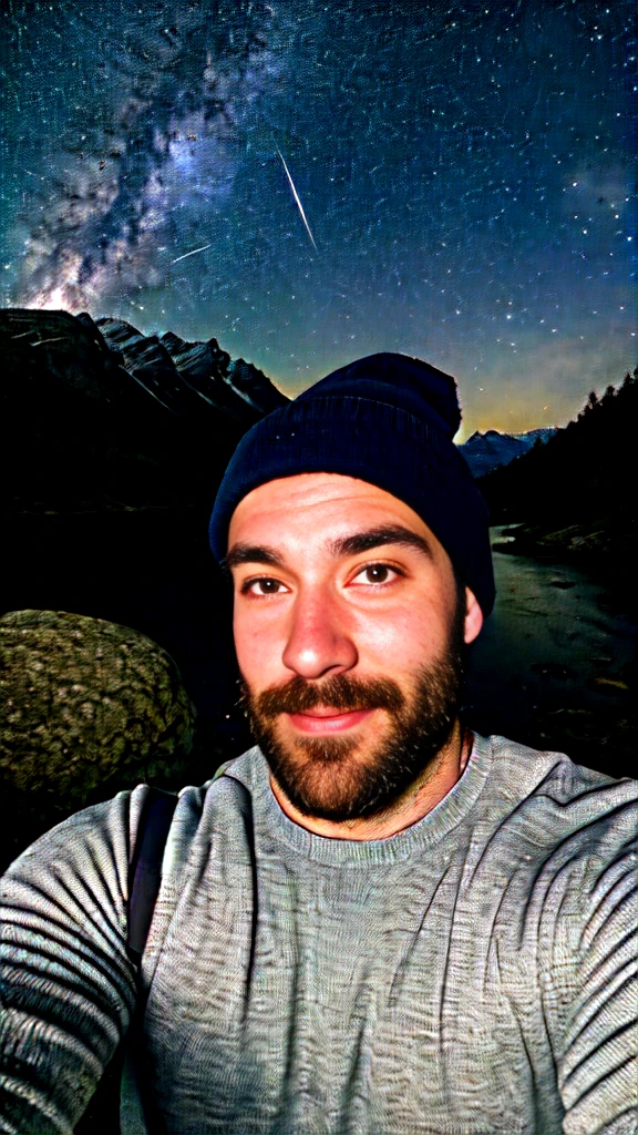 Real photograph, photo of attractive 30yo man, selfie, upper body, solo, wearing pullover, outdoors, (night), mountains, real life nature, nebula and stars, moon, cheerful, happy, sweater, beanie, forest, rocks, river, wood, muscular hairy chest, hairy pubic, fog, staring at camera, skin texture, photo grain, close up, RAW photo