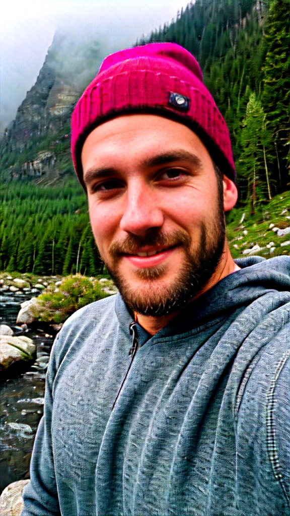 Real photograph, photo of attractive 30yo man, selfie, upper body, solo, wearing pullover, outdoors, (night), mountains, real life nature, nebula and stars, moon, cheerful, happy, sweater, beanie, forest, rocks, river, wood, muscular hairy chest, hairy pubic, fog, staring at camera, skin texture, photo grain, close up, RAW photo