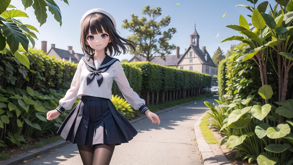 (masterpiece), town, blue sky, One Girl, Person on the left, smile, alone, Sailor suit、Long skirt, Overgrown, petal, plant、Skirt lining、Translucent slip、nostalgic、Black Pantyhose