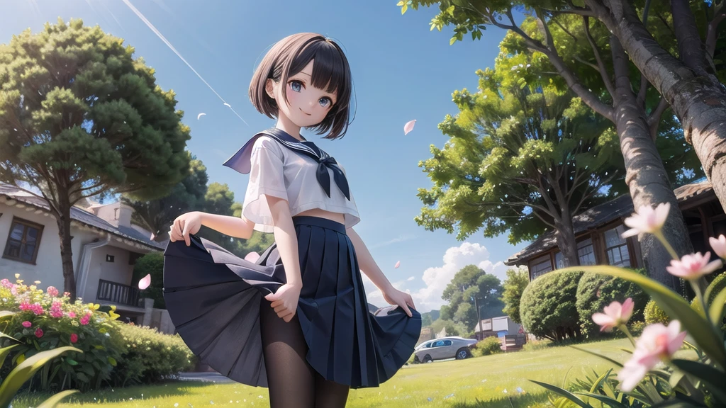 (masterpiece), town, blue sky, One Girl, smile, alone, Sailor suit、Long skirt, Overgrown, petal, plant、Skirt lining、Translucent slip、nostalgic、Black Pantyhose