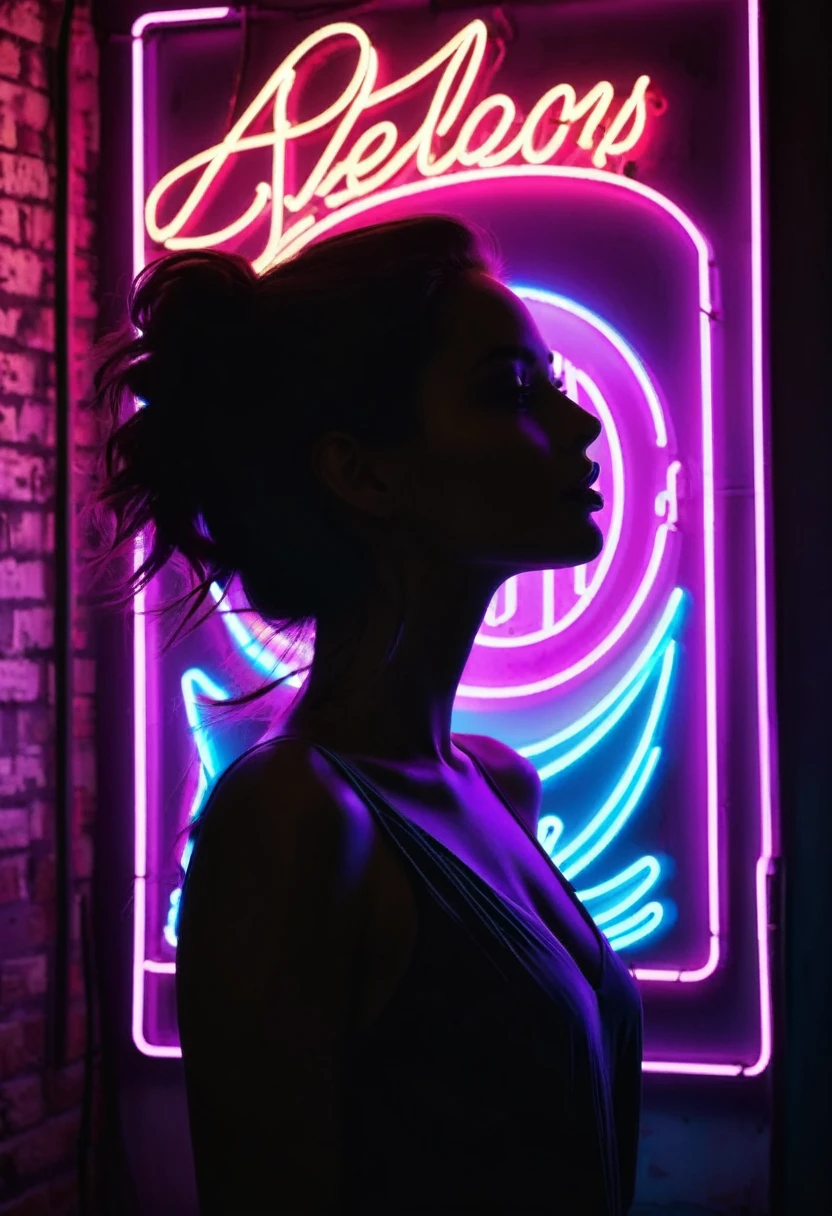 Side face silhouette，Shadow of beautiful woman under neon sign,Huge neon signboard，(Neon sign with text:1.5)
