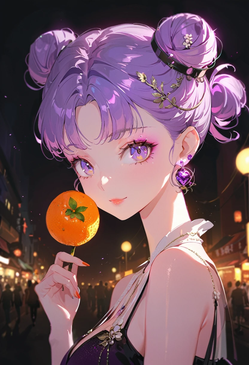 Lo-fi style girl in cyberpunk city 、((Beautiful girl with perfect features)),((One girl))、((One is a photo of a girl with purple hair..))、Glass mandarin orange earrings decorate both ears.、((Purple long hair bun girl))、One of them has ocean-pinkish purple eyes.、very_Long eyelashes, Detailed lips, A radiant smile, Hand in hand、Soft Skin, Shiny Hair,Vibrant Background, quality\(8K,非常に精細なCGユニットのwallpaper, masterpiece,High resolution,top-quality,top-quality real texture skin,Super 2D,Increase the resolution,RAW Photos,最高quality,Very detailed,wallpaper,Ray Tracing,Golden Ratio\),[Browsing Caution]