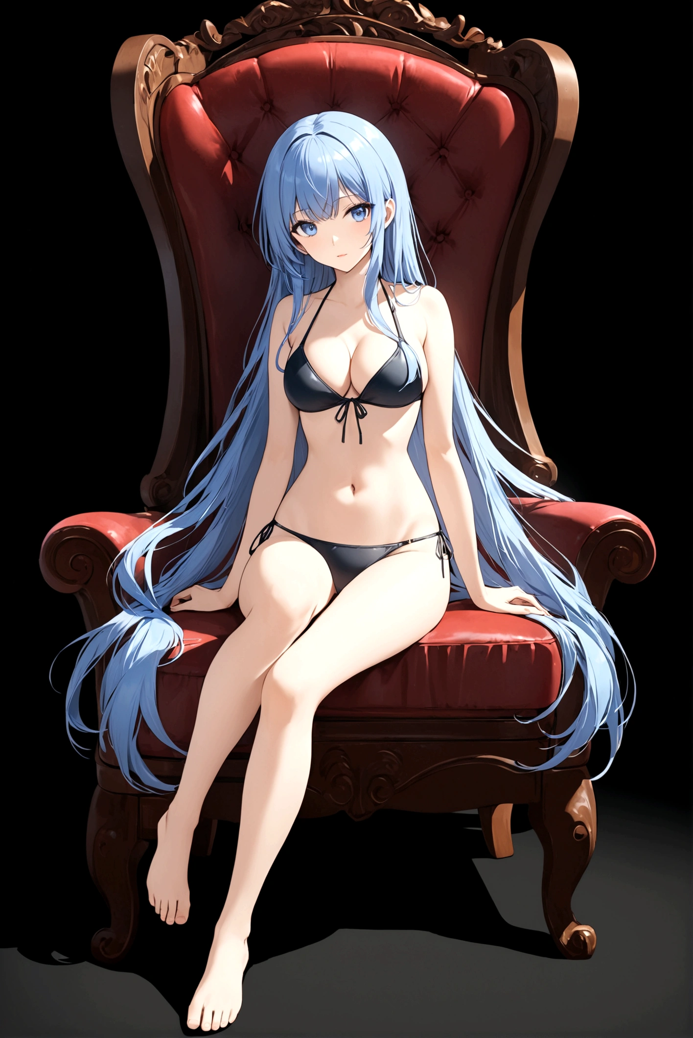 1girl, solo, long hair, breasts, looking at viewer, blue eyes, simple background, navel, cleavage, medium breasts, sitting, very long hair, underwear, blue hair, panties, swimsuit, full body, bikini, barefoot, black bikini, chair, armchair