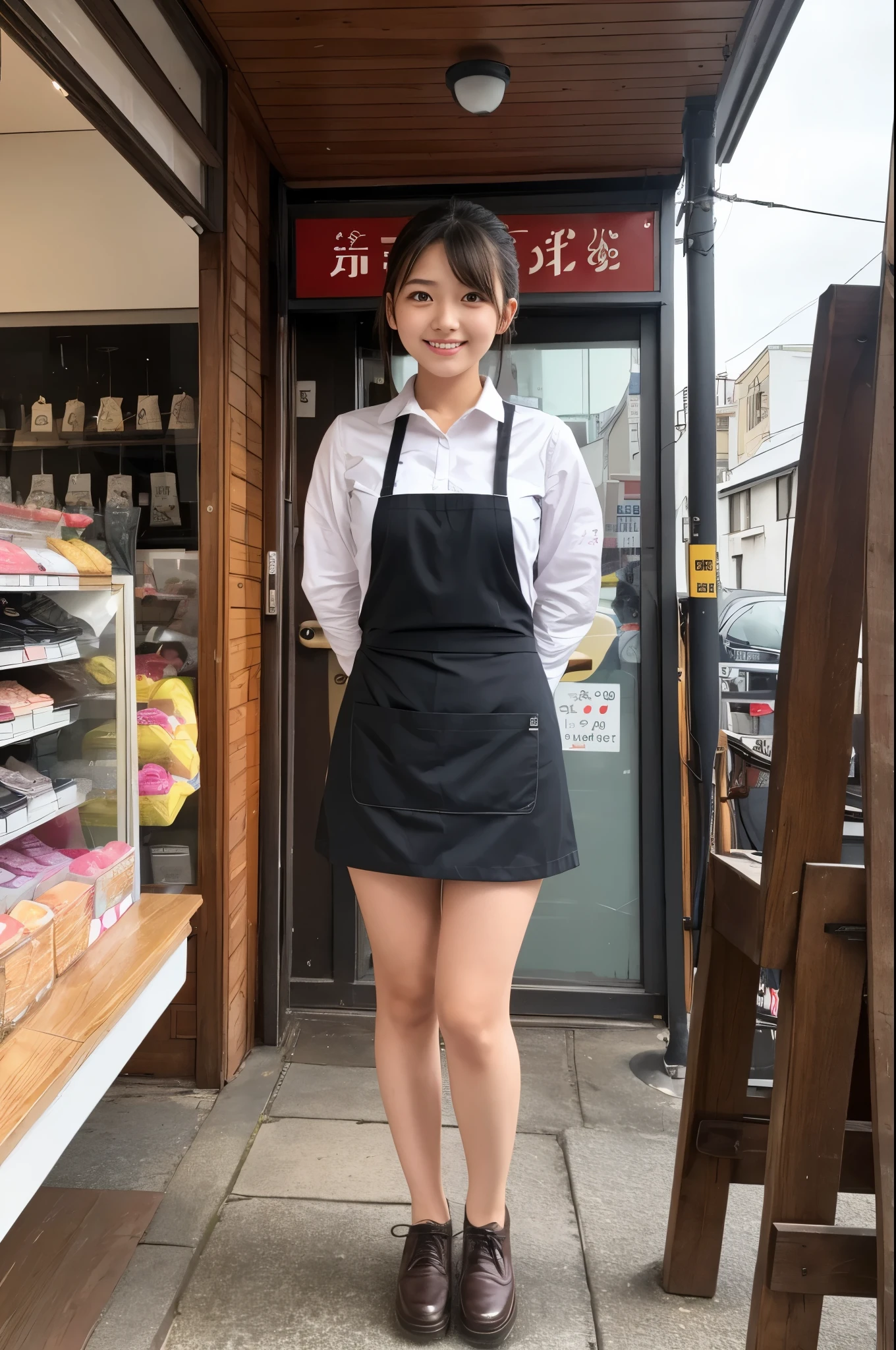 A 20-year-old girl working at an umbrella store（Wearing a miniskirt and apron）