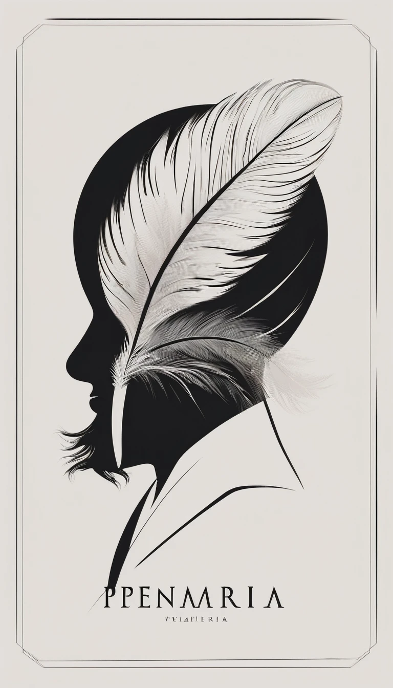 A minimal, modern, simple, cinematic logotype of a boy with a head full of feathers for the brand “Penamemoria" .