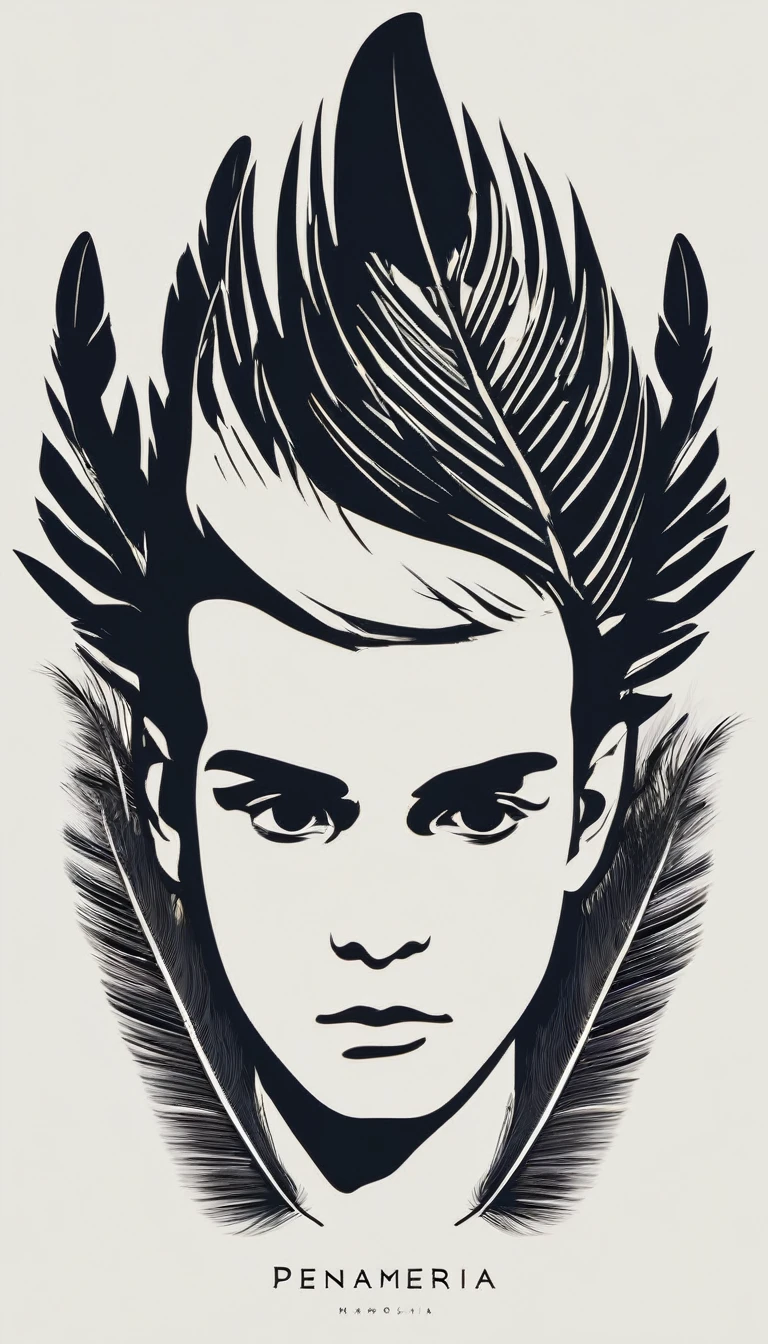 A minimal, modern, simple, cinematic logotype of a boy with a head full of feathers for the brand “Penamemoria" .