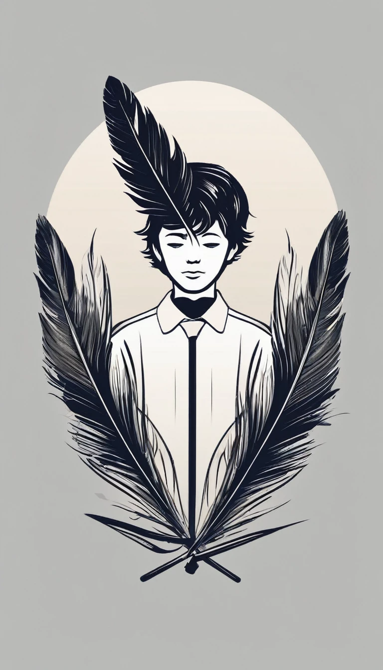 A minimal, modern, simple, cinematic logotype of a boy with a head full of feathers for the brand “Penamemoria" .