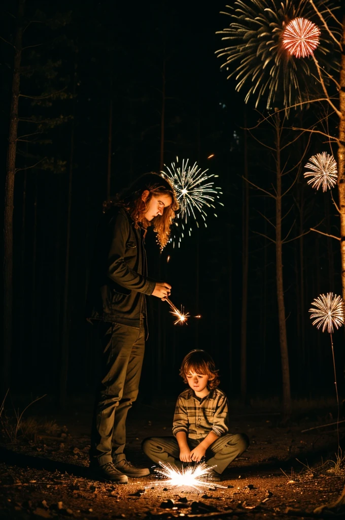 Sad long haired boy playing with fireworks in a lonely forest
