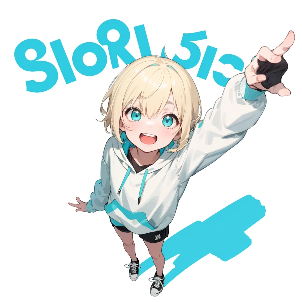 First Job, Better Quality, 1. garota Laughter, Short Mash Hair、Short Hair、Blonde Hair Color、Turquoise Eyes、White hoodie、Black hot pants、Black sneakers、, Little , Little, Laughter (Solo Girl)、Looking up、The camera is from above、The front hair is straight、Please draw the fingers in detail、both hands_bare hands、Fingers５It&#39;s a book、Waving to viewers