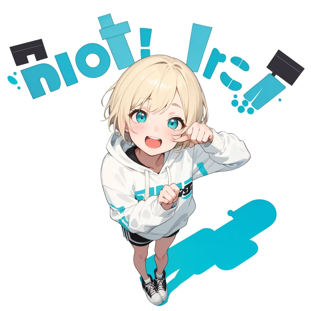 First Job, Better Quality, 1. garota Laughter, Short Mash Hair、Short Hair、Blonde Hair Color、Turquoise Eyes、White hoodie、Black hot pants、Black sneakers、, Little , Little, Laughter (Solo Girl)、Looking up、The camera is from above、The front hair is straight、Please draw the fingers in detail、both hands_bare hands、Fingers５It&#39;s a book、Waving to viewers