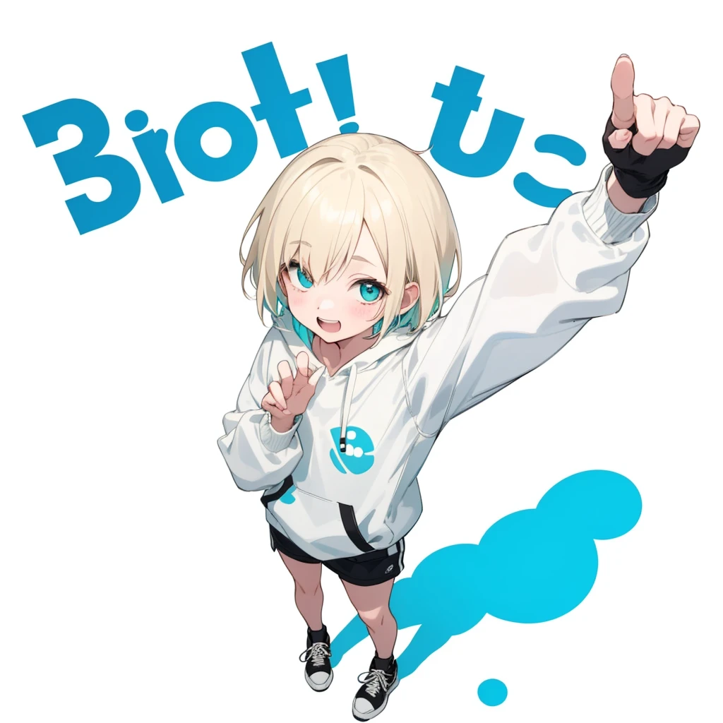 First Job, Better Quality, 1. garota Laughter, Short Mash Hair、Short Hair、Blonde Hair Color、Turquoise Eyes、White hoodie、Black hot pants、Black sneakers、, Little , Little, Laughter (Solo Girl)、Looking up、The camera is from above、The front hair is straight、Please draw the fingers in detail、both hands_bare hands、Fingers5It's a book、Waving to viewers