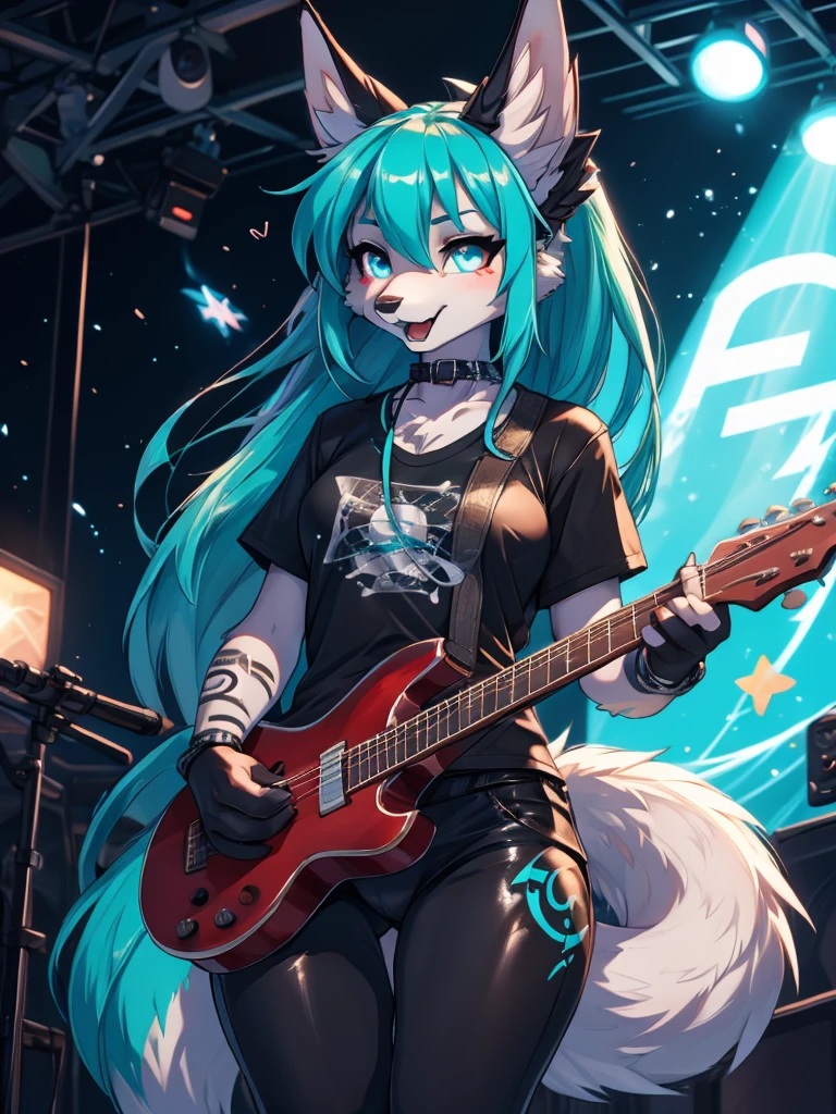 Miku Hatsune, high definition add_detail:1, blue fur,kitsune ears, tribal tattoo add_detail:1 cute high school clothes, pretty girl add_detail:3 18 year old girl, short black lycra, black metal t shirt, flirty look add_detail:3, hands rock sign, shouting add_detail:1, playing a guitar on stage add_detail:1