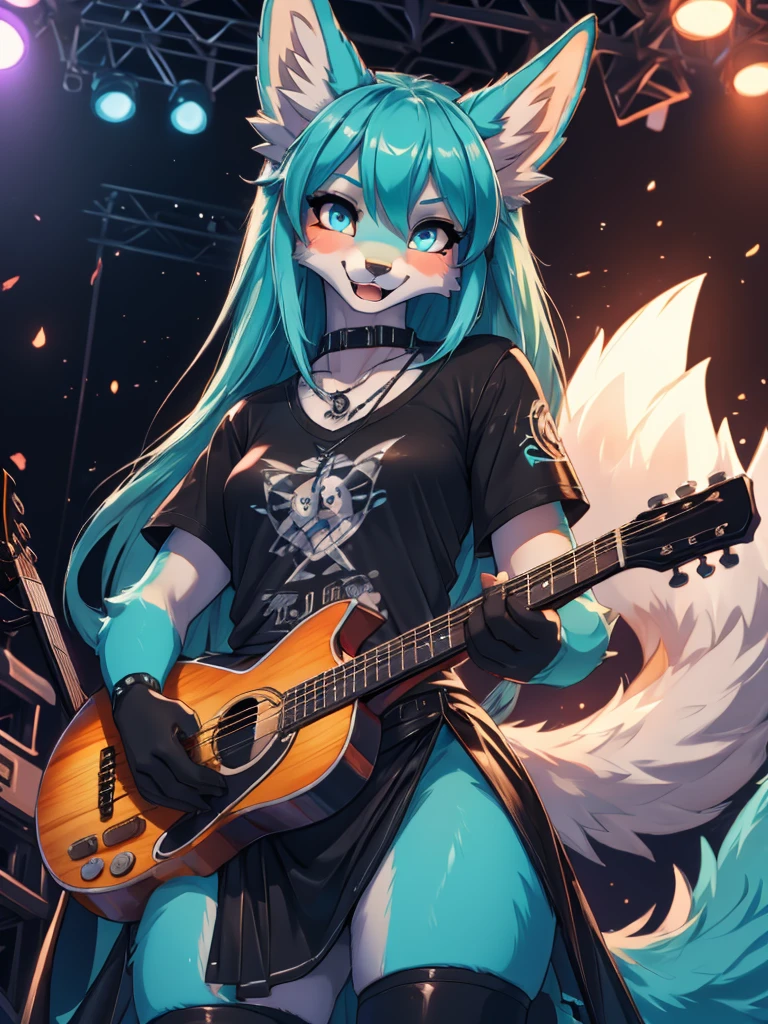 Miku Hatsune, high definition add_detail:1, blue fur,kitsune ears, tribal tattoo add_detail:1 cute high school clothes, pretty girl add_detail:3 18 year old girl, short black lycra, black metal t shirt, flirty look add_detail:3, hands rock sign, shouting add_detail:1, playing a guitar on stage add_detail:1