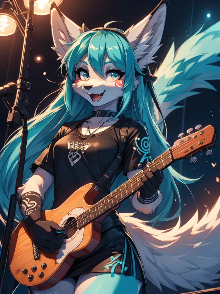 Miku Hatsune, high definition add_detail:1, blue fur,kitsune ears, tribal tattoo add_detail:1 cute high school clothes, pretty girl add_detail:3 18 year old girl, short black lycra, black metal t shirt, flirty look add_detail:3, hands rock sign, shouting add_detail:1, playing a guitar on stage add_detail:1