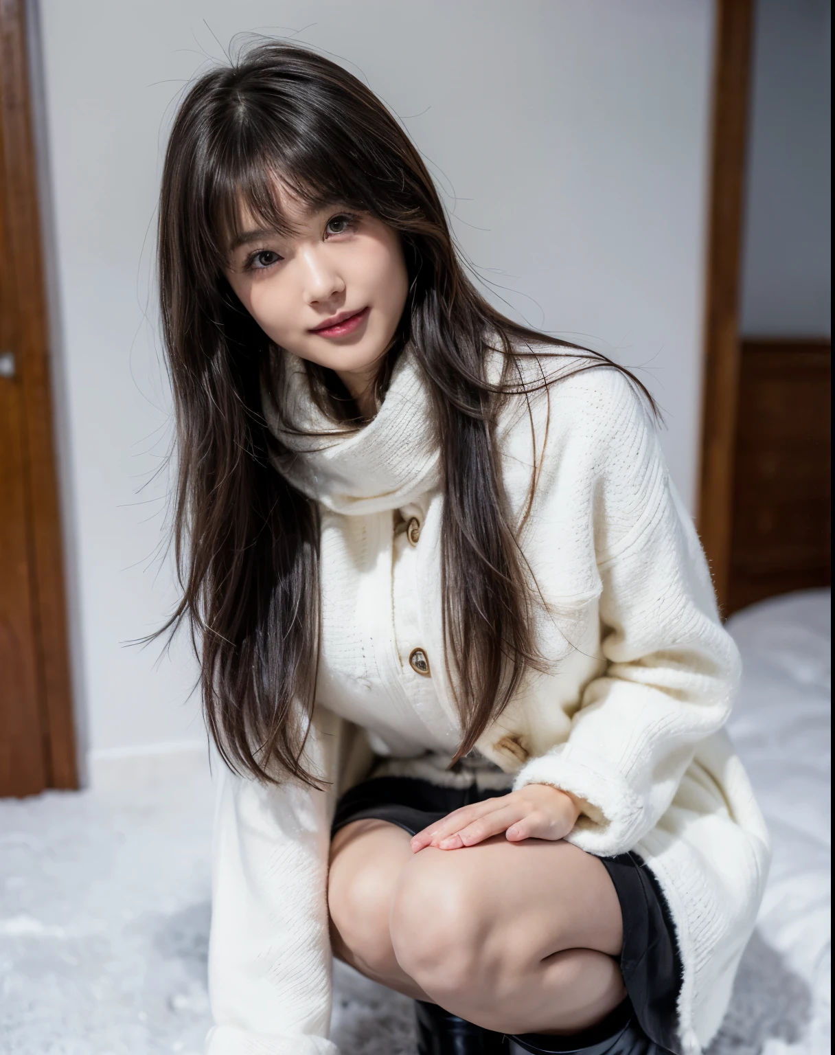 (Close-up:1.4)、(Raw photo:1.2)、(Photorealistic:1.4)、(masterpiece:1.3)、(Highest quality:1.4)、dream-like、(Detailed eyes)、(Detailed facial features)、(Detailed clothing features)、Skin Tightening、(Glowing Skin)、(Slender and beautiful girl)、(Beautiful leg lines)、One Girl、(Full Body Shot)、alone、cute、A happy smile、(Massive Breast)、Bans、Short Bob、light haired person、black eye、Long scarf、Long coat、White open wool sweater、mini skirt、Black thick pantyhose、Snow Boots、Snow boots、Beautiful thighs、Big breasts and small waist、Sexy Legs、