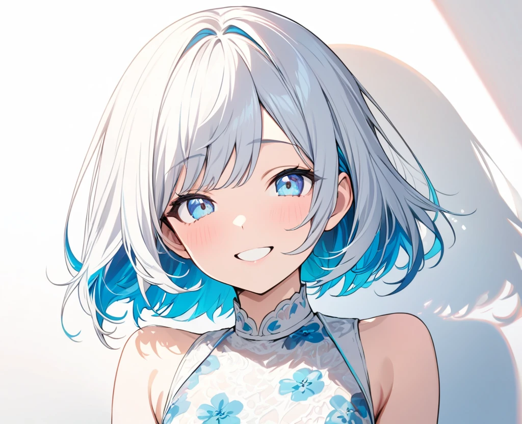 white hair, short hair, blue inner hair, muticolored hair, colored inner hair, sleeveless, white eye, 1girl, solo, masterpiece, best quality, ultra-detailed, illustration, portrait, best Light and Shadow quality, simple background, happy, small smile, Blue eyes,floral pattern dress,smile