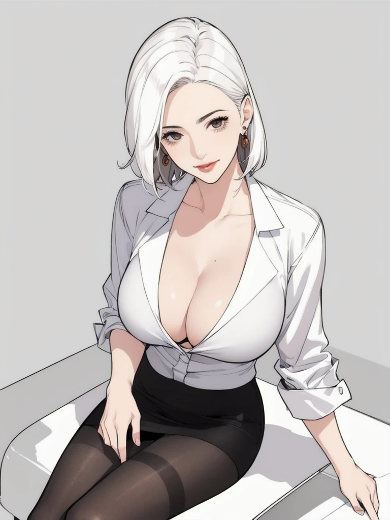 diona shin, sitting, portrait, red lips, (masterpiece, best quality), solo, looking at viewer, fw.dona.shin, mature female, sexy, hot, white hair, diona shin, simple background, long white hair, milf, milf face, tease, detail face , large breast, portrait, cowboy shot, square lips, short hair, very short hair, white hair, earrings , smirk, curvy, sexy, mini skirt, sitting, tub shirt, cleavage, half body, pantyhose