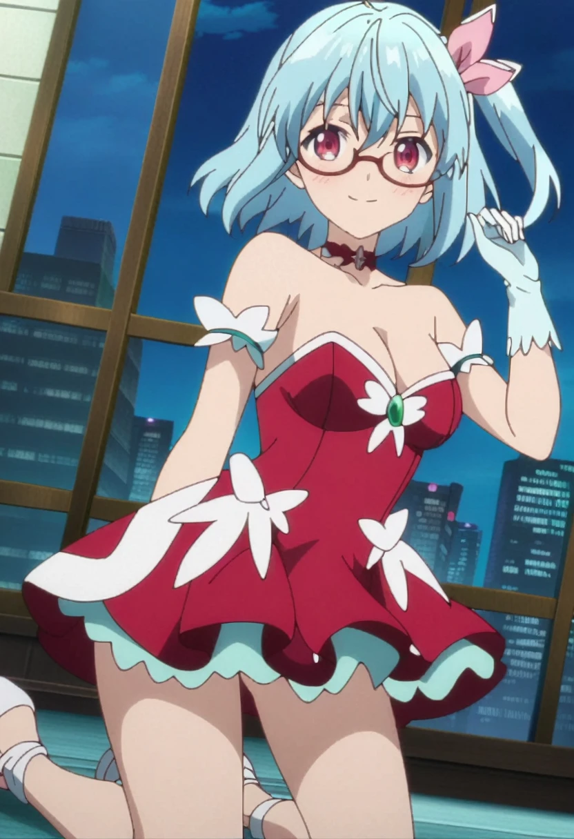 (anime screencap), (anime art style), (best quality), 1girl, solo, red eyes, light blue hair, medium hair, one side up , bangs, hair between eyes, hair ribbons, red dress, magical girl dress, short sleeves, strapless, choker, white gloves, glasses, white high heels, thighs, medium breasts, blush, smile, sexy, collarbone, cleavage, ((cowboy shot)), ((from front)), window, city, sky, clouds, night, (wariza), (looking at viewer:1.0)