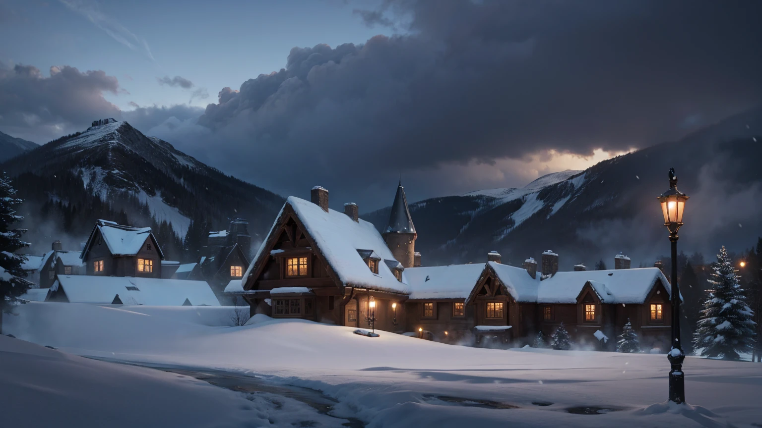 snow weather front view of harry potter school view, 