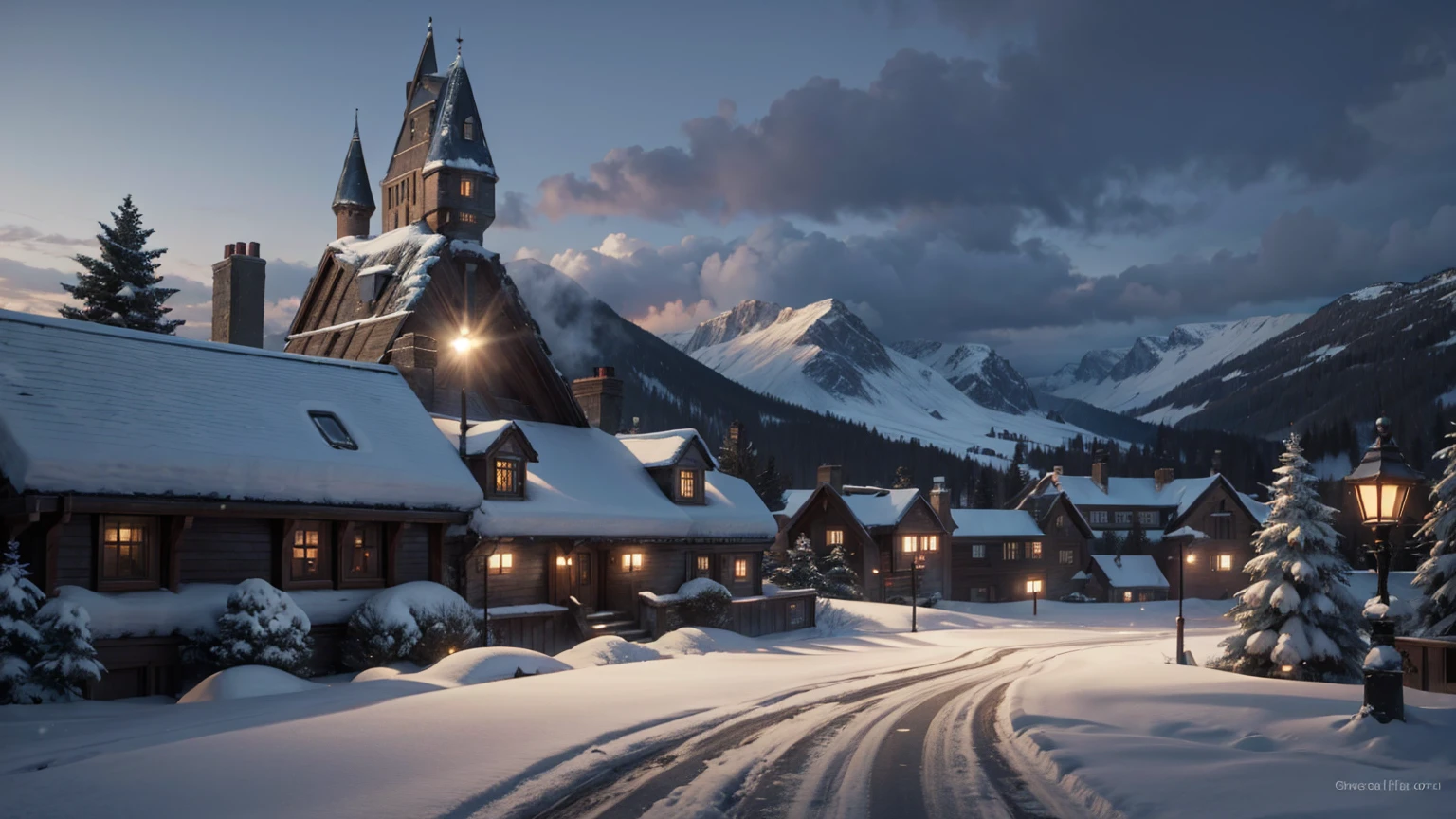 snow weather front view of harry potter school view,