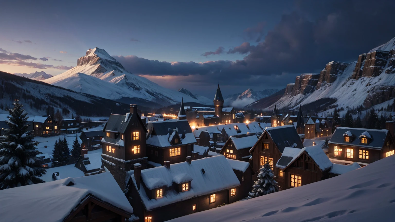 snow weather front view of harry potter school view, 