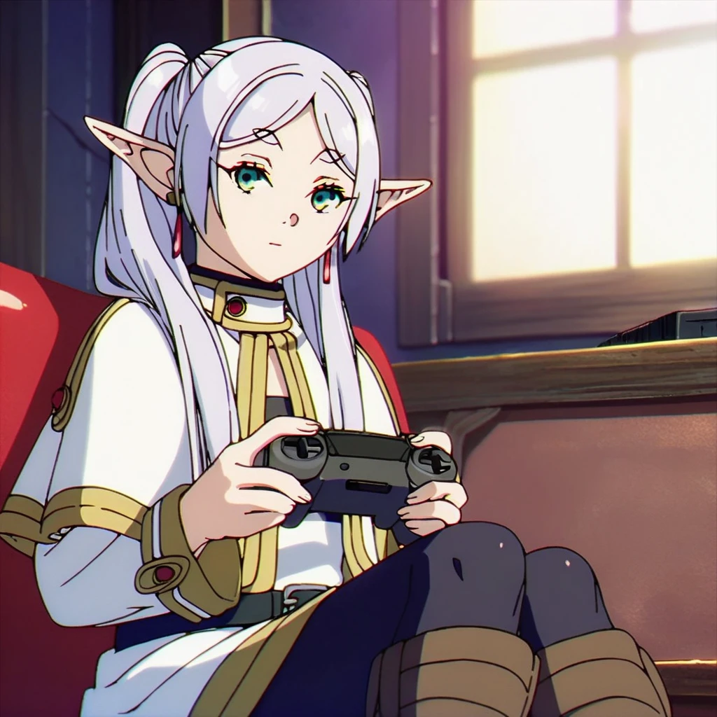 1girl, sfrieren, solo, elf, pointy ears, silver hair, white hair, green eyes, small breasts, flat chest, BREAK
robe, black pantyhose, brown boots, belt, capelet, upper body, sitting, BREAK
holding a videogame controller, holding, sit, sitting on a puff, puff, BREAK
score_9, score_8_up, score_7_up, score_6_up, anime,
(high quality, detailed, beautiful), shiny, detailed beautiful eyes, outstanding, countershading, detailed soft lighting