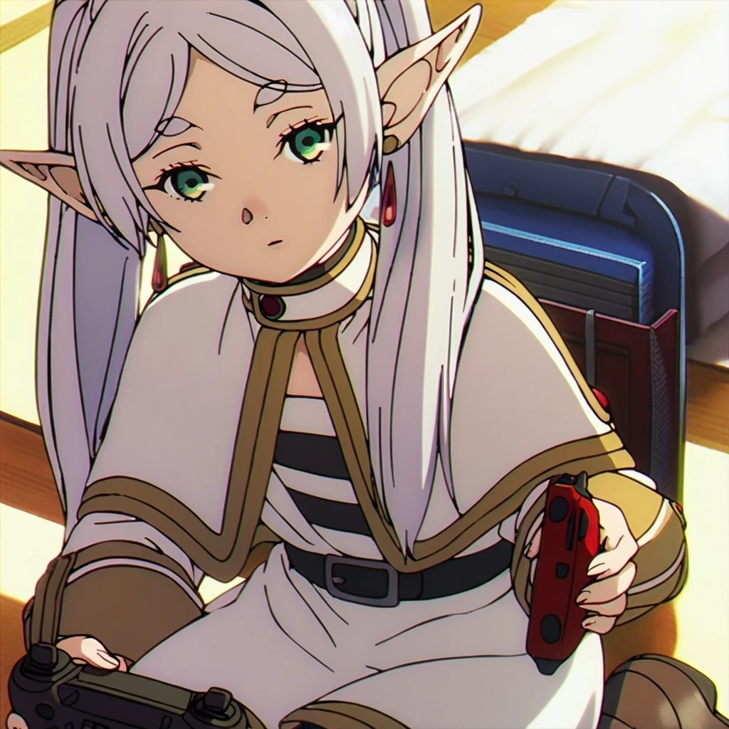 1girl, sfrieren, solo, elf, pointy ears, silver hair, white hair, green eyes, small breasts, flat chest, BREAK
robe, black pantyhose, brown boots, belt, capelet, upper body, sitting, BREAK
holding a videogame controller, holding, sit, sitting on a puff, puff, BREAK
score_9, score_8_up, score_7_up, score_6_up, anime,
(high quality, detailed, beautiful), shiny, detailed beautiful eyes, outstanding, countershading, detailed soft lighting