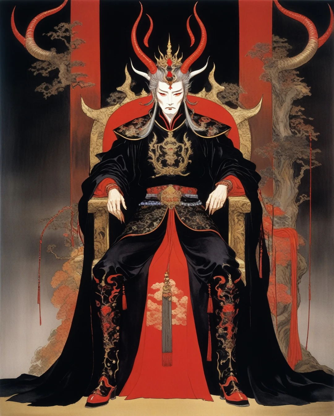 amano yoshitaka, An Evil male king dressed in black and red with a crown, horns and red boots 