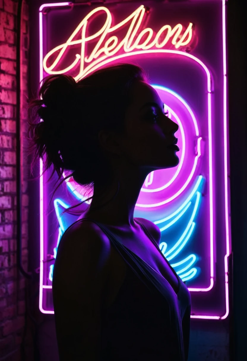 Side face silhouette，Shadow of beautiful woman under neon sign,Huge neon signboard，(Neon sign with text:1.5)
