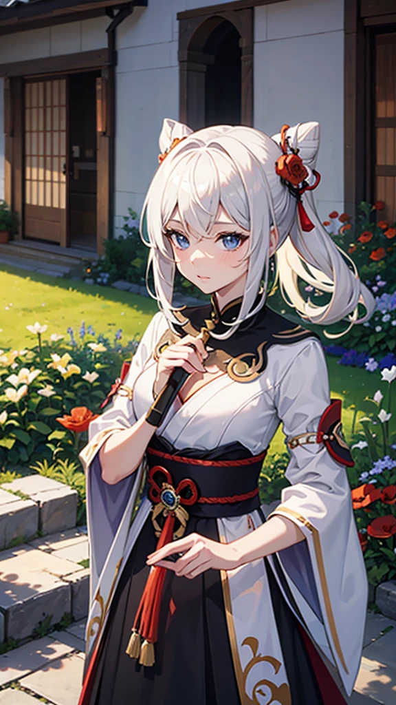 genshin impact style character, anime style, coming from Natlan, androgynous and handsome chico, White hair, blue eyes, small flowers embroidered on a handkerchief that she holds in her hand, In his other hand he holds a spear, Her hair, worn in a bun, is decorated with flowers., surrounded by flowers, in a garden, Lilies, rose, poppies, fondo de pantalla 4k de high quality, rendering, rendering super detailed, 2D, super detailed, high quality, 4k, HD, cabello de high quality