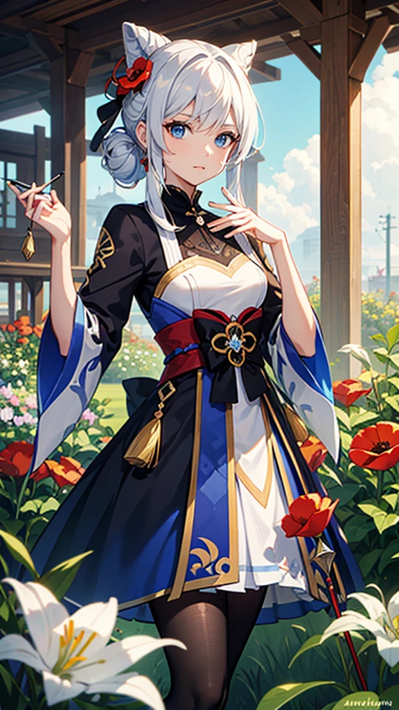 genshin impact style character, anime style, coming from Natlan, androgynous and handsome chico, White hair, blue eyes, small flowers embroidered on a handkerchief that she holds in her hand, In his other hand he holds a spear, Her hair, worn in a bun, is decorated with flowers., surrounded by flowers, in a garden, Lilies, rose, poppies, fondo de pantalla 4k de high quality, rendering, rendering super detailed, 2D, super detailed, high quality, 4k, HD, cabello de high quality