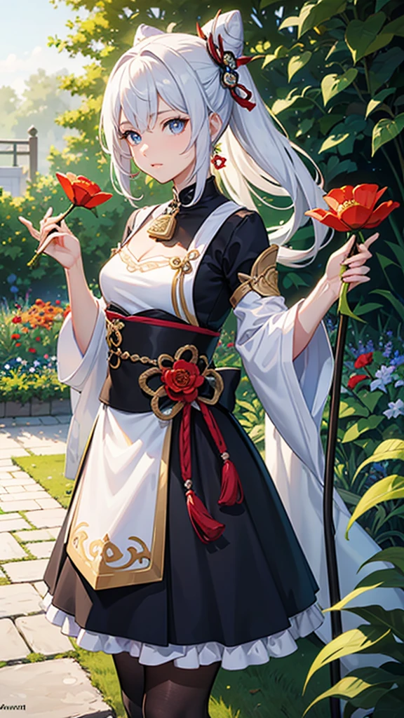 genshin impact style character, anime style, coming from Natlan, androgynous and handsome chico, White hair, blue eyes, small flowers embroidered on a handkerchief that she holds in her hand, In his other hand he holds a spear, Her hair, worn in a bun, is decorated with flowers., surrounded by flowers, in a garden, Lilies, rose, poppies, fondo de pantalla 4k de high quality, rendering, rendering super detailed, 2D, super detailed, high quality, 4k, HD, cabello de high quality