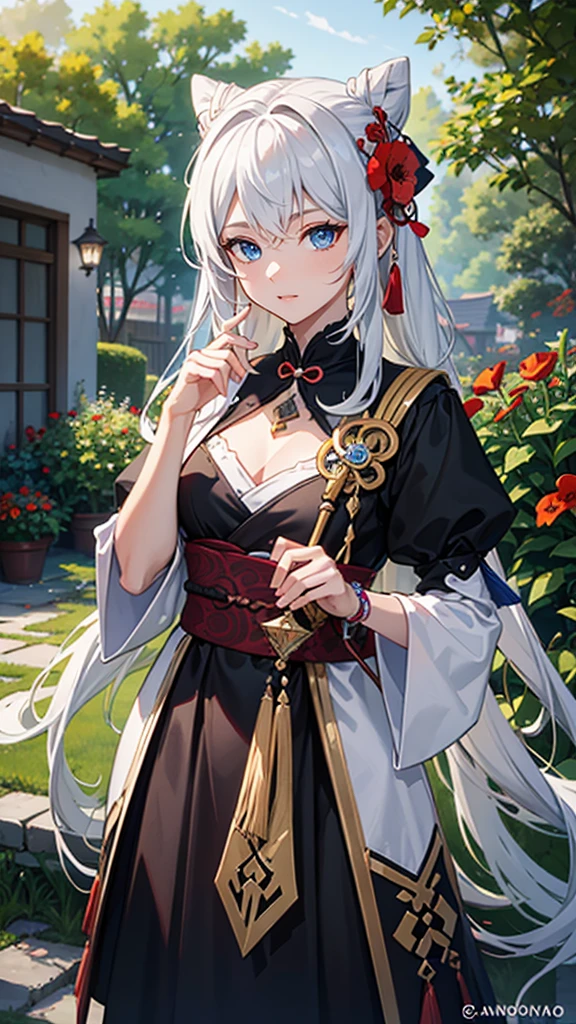 genshin impact style character, anime style, coming from Natlan, androgynous and handsome chico, White hair, blue eyes, small flowers embroidered on a handkerchief that she holds in her hand, In his other hand he holds a spear, Her hair, worn in a bun, is decorated with flowers., surrounded by flowers, in a garden, Lilies, rose, poppies, fondo de pantalla 4k de high quality, rendering, rendering super detailed, 2D, super detailed, high quality, 4k, HD, cabello de high quality