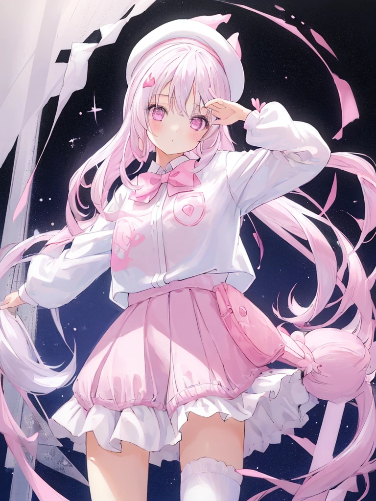 1 girl, pastel color, white straight hair, wearing white pink seifukuu, wearing pink skirt, long white socks, cool pose, perfect lighting, wearing pink bunny headband, wearing pink beret with white pink ribbon on it. Cowboy shot.