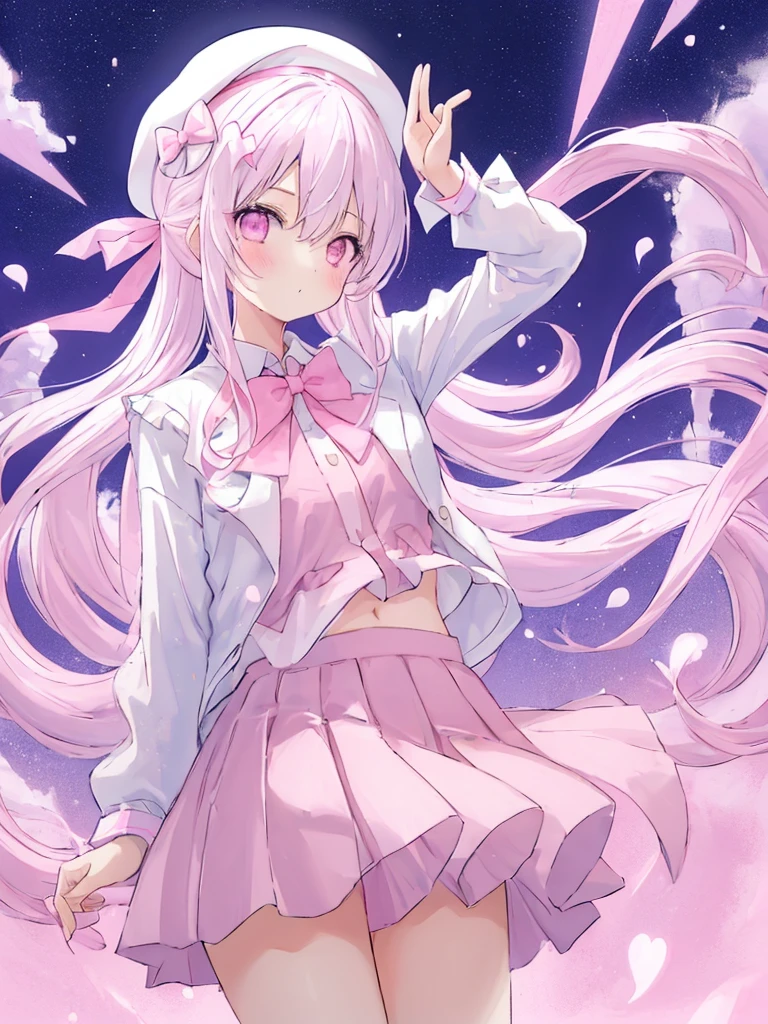 1 girl, pastel color, white straight hair, wearing white pink seifukuu, wearing pink skirt, long white socks, cool pose, perfect lighting, wearing pink bunny headband, wearing pink beret with white pink ribbon on it. Cowboy shot.