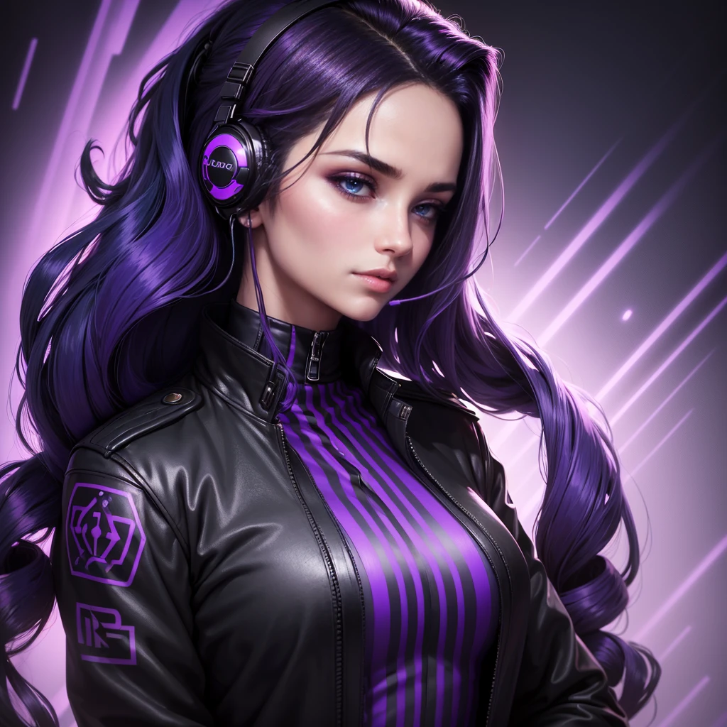 ((work of art)), ((realisitic)), single portrait of a beautiful woman with headphone, wearing a black military jacket, deep decolte, Long Wavy Black Hair with Purple and Blue Neon Highlights and Highlights, detailed sensual face, plain black background, purple and blue neon lighting