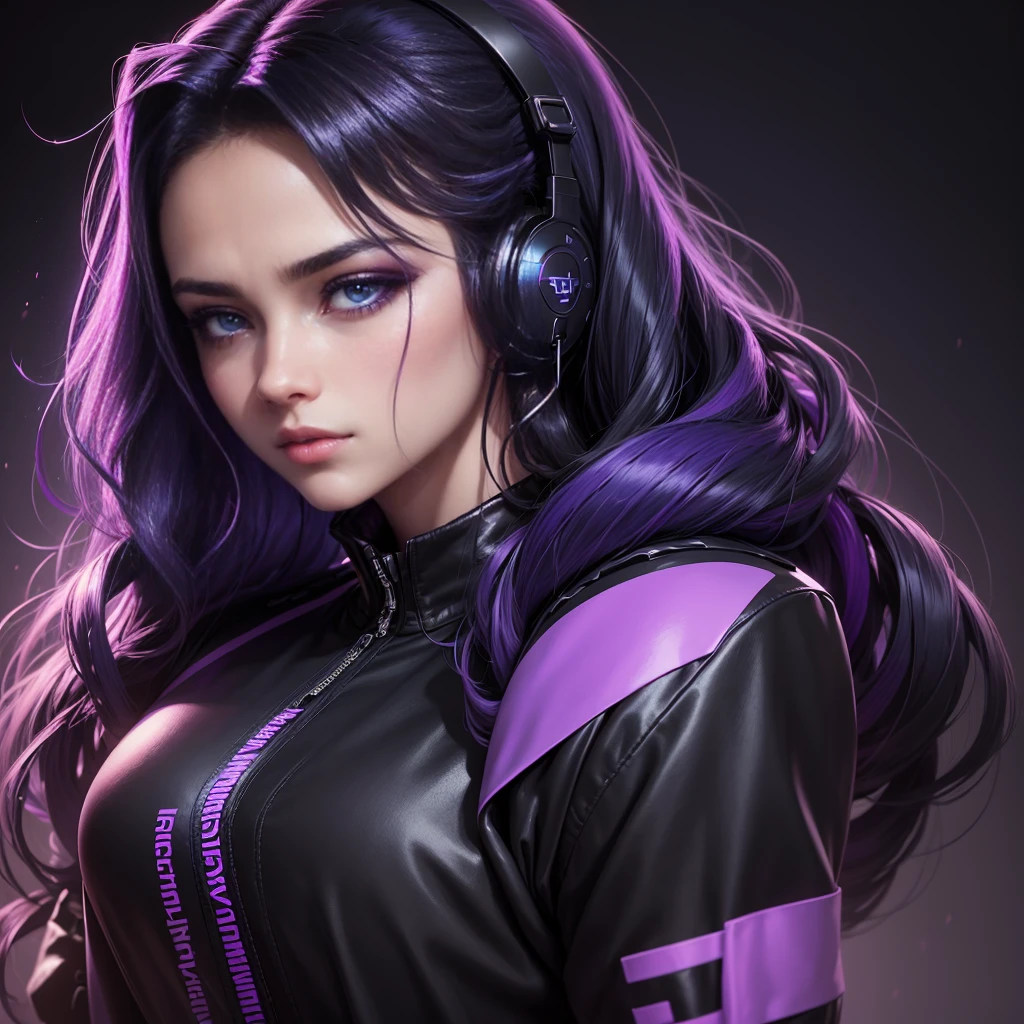 ((work of art)), ((realisitic)), single portrait of a beautiful woman with headphone, wearing a black military jacket, deep decolte, Long Wavy Black Hair with Purple and Blue Neon Highlights and Highlights, detailed sensual face, plain black background, purple and blue neon lighting