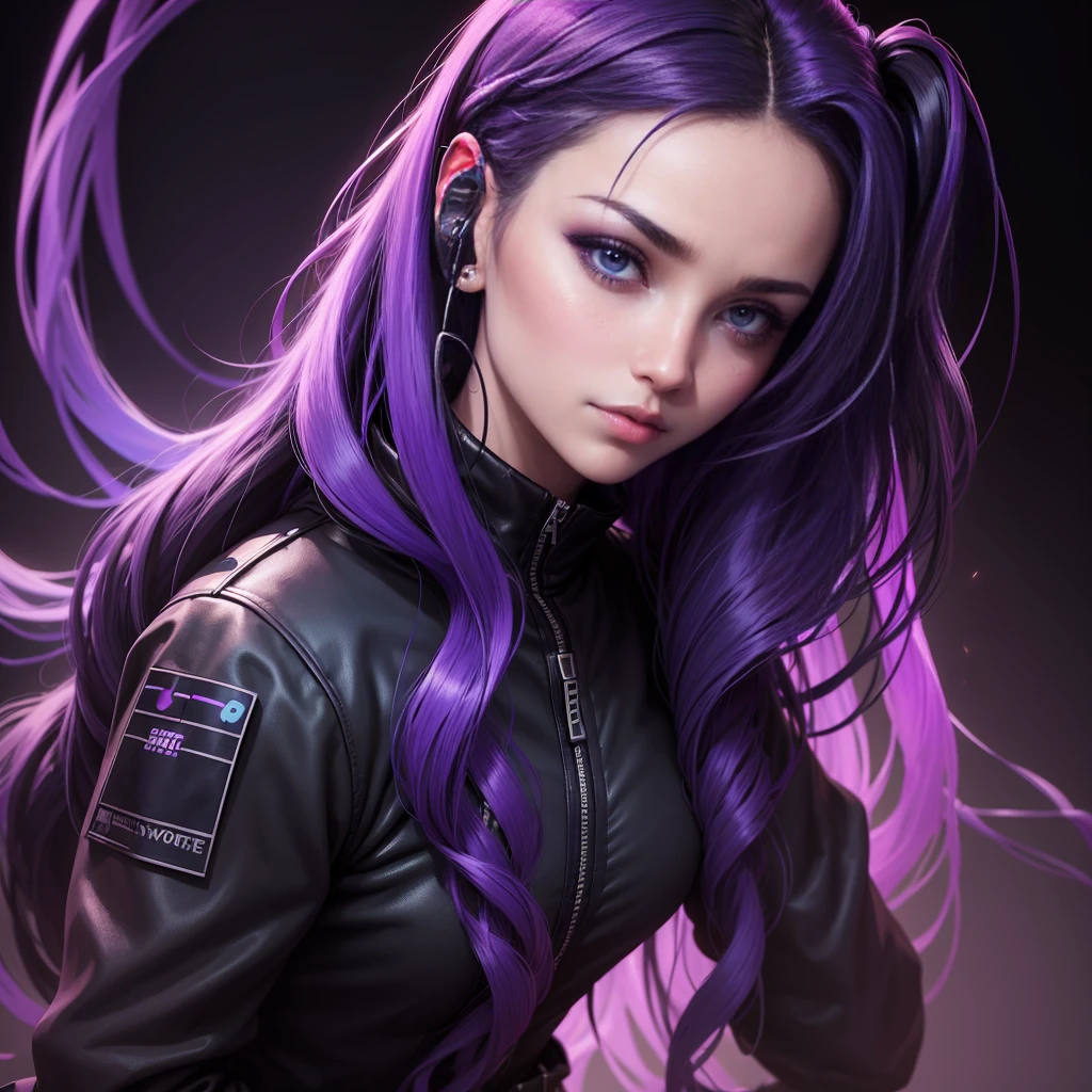 ((work of art)), ((realisitic)), single portrait of a beautiful woman with headphone, wearing a black military jacket, deep decolte, Long Wavy Black Hair with Purple and Blue Neon Highlights and Highlights, detailed sensual face, plain black background, purple and blue neon lighting