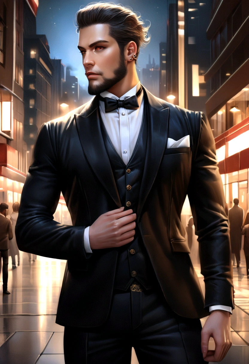 high qualiy,ultradetailed,(Realistic,photorrealistic:1.37),handsome man,mascle,sharp jawli,deep eyes,piercing look,trimmed beard,terno chic,confident stance,straight posture,cabelos bem cuidados,chic,city background,intense expression,chic,appealing,professional lighting,vivid colors,sophisticated style,night time scene,soft lighting,refined,gentleman,classical style,sharpened details,subtle shadows,fashionable,moderno,striking appearance,trendy,chic,urban backdrop