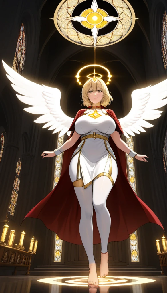 low angle, from below, paladin templar lady in white tabard, legwear, glowing yellow eyes, collar, golden chainmail, wide hips, barefoot, angel wings, pauldrons, halo, blonde, eye focus, red cape, temple indoors, decorations, stained glass windows, night, particles, chromatic aberration, detailed, cinematic, dark scene, fantasy,big breasts